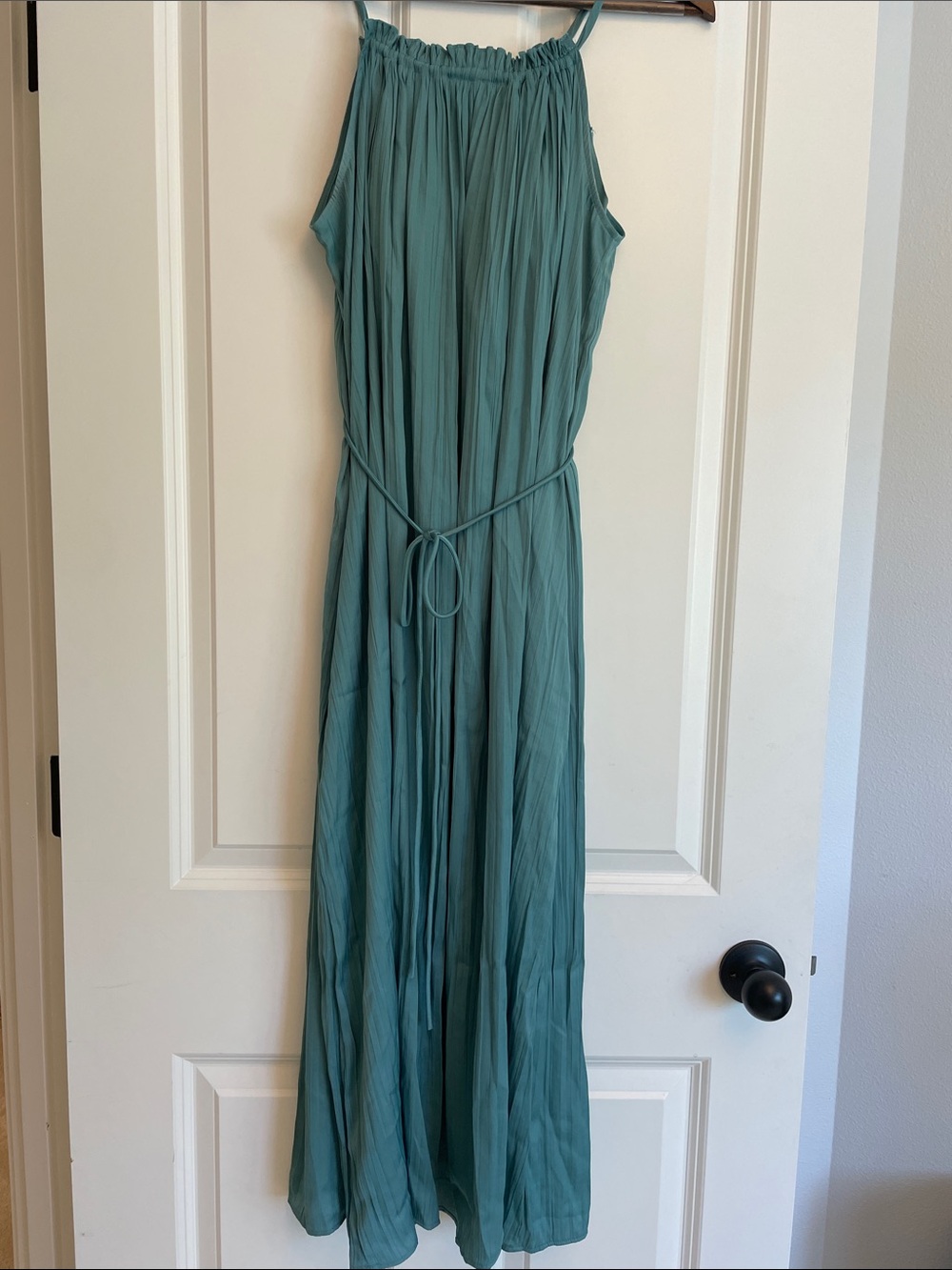 Women’s Teal Midi Dress with Tie Waist and Built-in Padded Shelf Bra